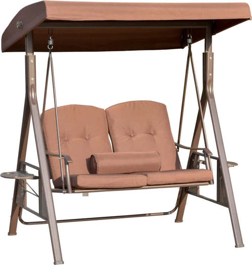 Dondolo-da-Giardino-2-Posti-con-Tettuccio-Regolabile-e-Porta-Bicchieri,-157x118x180-cm,-Marrone-84A-258V01BN