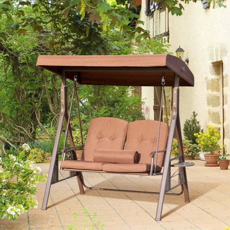 Dondolo-da-Giardino-2-Posti-con-Tettuccio-Regolabile-e-Porta-Bicchieri,-157x118x180-cm,-Marrone-84A-258V01BN