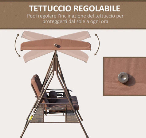 Dondolo-da-Giardino-2-Posti-con-Tettuccio-Regolabile-e-Porta-Bicchieri,-157x118x180-cm,-Marrone-84A-258V01BN