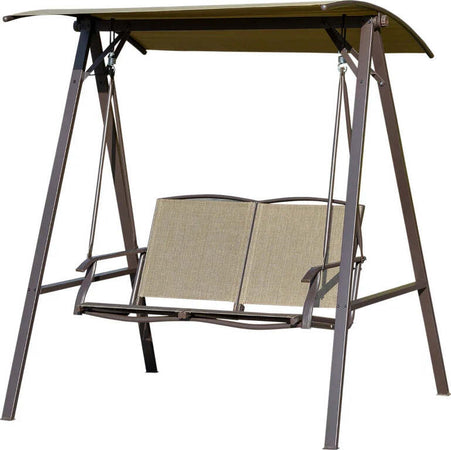 Dondolo-da-Giardino-2-Posti-con-Tettuccio-Regolabile,-Struttura-in-Metallo-e-Seduta-in-Poliestere-e-Rete-Traspirante,-147x125x170cm,-Marrone-84A-251BN