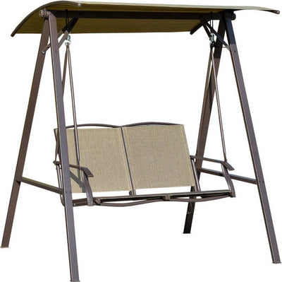 Dondolo-da-Giardino-2-Posti-con-Tettuccio-Regolabile,-Struttura-in-Metallo-e-Seduta-in-Poliestere-e-Rete-Traspirante,-147x125x170cm,-Marrone-84A-251BN