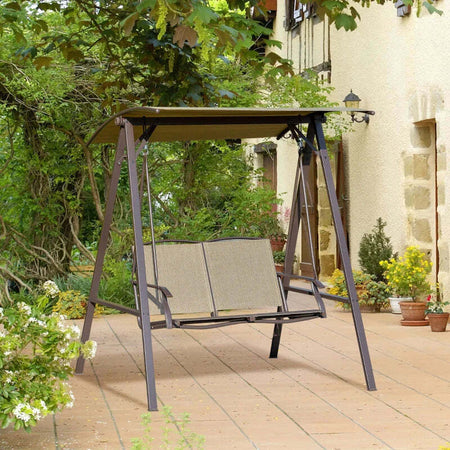 Dondolo-da-Giardino-2-Posti-con-Tettuccio-Regolabile,-Struttura-in-Metallo-e-Seduta-in-Poliestere-e-Rete-Traspirante,-147x125x170cm,-Marrone-84A-251BN