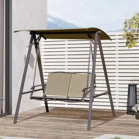 Dondolo-da-Giardino-2-Posti-con-Tettuccio-Regolabile,-Struttura-in-Metallo-e-Seduta-in-Poliestere-e-Rete-Traspirante,-147x125x170cm,-Marrone-84A-251BN