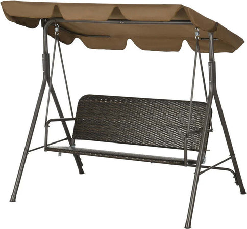 Dondolo-da-Giardino-3-Posti-con-Tettuccio-Regolabile-in-Rattan-PE-e-Acciaio,-167x112x153cm--867-148V00MB