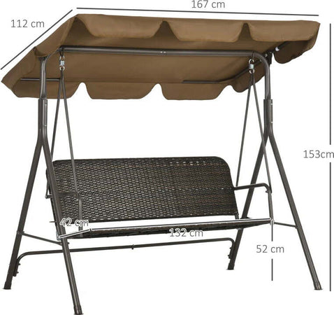 Dondolo-da-Giardino-3-Posti-con-Tettuccio-Regolabile-in-Rattan-PE-e-Acciaio,-167x112x153cm--867-148V00MB