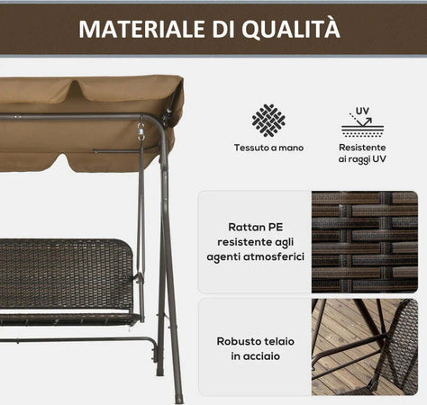 Dondolo-da-Giardino-3-Posti-con-Tettuccio-Regolabile-in-Rattan-PE-e-Acciaio,-167x112x153cm--867-148V00MB