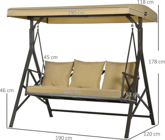 Dondolo-da-Giardino-3-Posti-in-Acciaio-e-Poliestere-con-Tetto-Inclinabile-e-Cuscini,-190x120x178-cm--84A-290V00BN