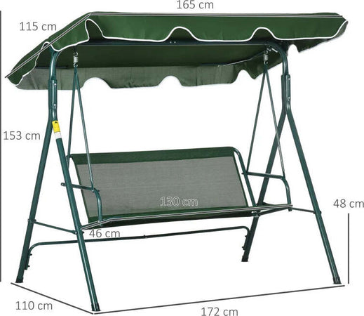 Dondolo-da-Giardino-3-Posti-in-Acciaio-e-Teslin-con-Tetto-Parasole,-172x110x153-cm,-Bianco-e-Verde-84A-054V03GN