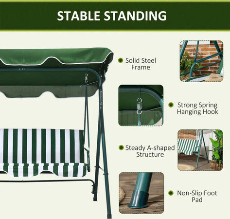 Dondolo-da-Giardino-3-Posti-in-Acciaio-e-Teslin-con-Tetto-Parasole,-172x110x153-cm,-Bianco-e-Verde-84A-054V03GN