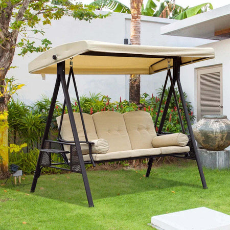 Dondolo-da-Giardino-3-Posti-in-Metallo,-Dondolo-da-Esterno-con-Tetto-Inclinabile-e-Cuscini-Imbottiti-280x120x172cm,-Beige-84A-069