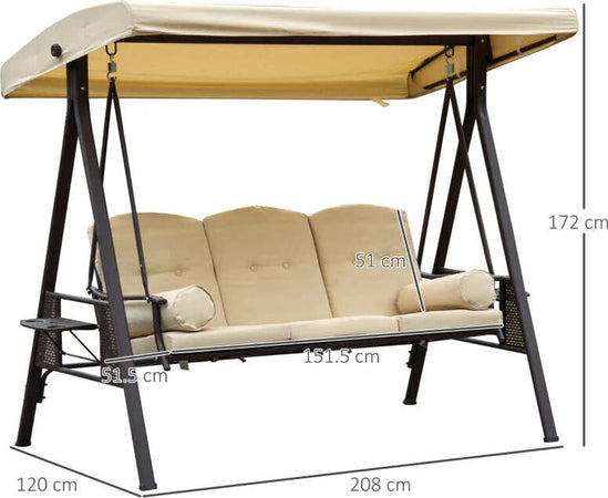 Dondolo-da-Giardino-3-Posti-in-Metallo,-Dondolo-da-Esterno-con-Tetto-Inclinabile-e-Cuscini-Imbottiti-280x120x172cm,-Beige-84A-069