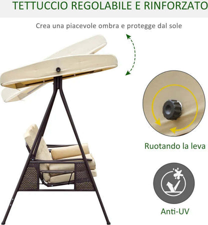 Dondolo-da-Giardino-3-Posti-in-Metallo,-Dondolo-da-Esterno-con-Tetto-Inclinabile-e-Cuscini-Imbottiti-280x120x172cm,-Beige-84A-069