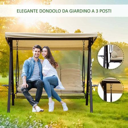 Dondolo-da-Giardino-3-Posti-in-Metallo,-Dondolo-da-Esterno-con-Tetto-Inclinabile-e-Cuscini-Imbottiti-280x120x172cm,-Beige-84A-069