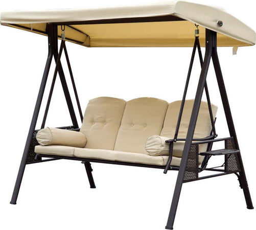 Dondolo-da-Giardino-3-Posti-in-Metallo,-Dondolo-da-Esterno-con-Tetto-Inclinabile-e-Cuscini-Imbottiti-280x120x172cm,-Beige-84A-069