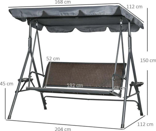Dondolo-da-Giardino-3-Posti-in-Rattan-PE-e-Acciaio-con-Tettuccio-Regolabile-e-Portabicchieri,-204x112x150-cm-84A-277V00CG