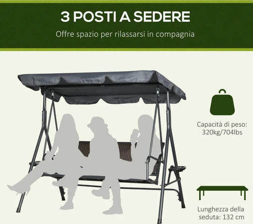 Dondolo-da-Giardino-3-Posti-in-Rattan-PE-e-Acciaio-con-Tettuccio-Regolabile-e-Portabicchieri,-204x112x150-cm-84A-277V00CG