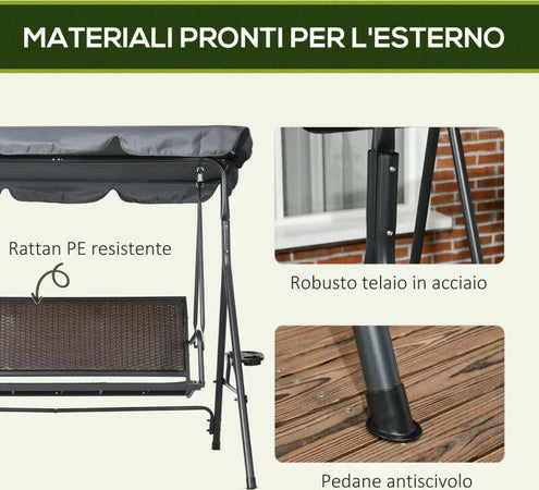 Dondolo-da-Giardino-3-Posti-in-Rattan-PE-e-Acciaio-con-Tettuccio-Regolabile-e-Portabicchieri,-204x112x150-cm-84A-277V00CG