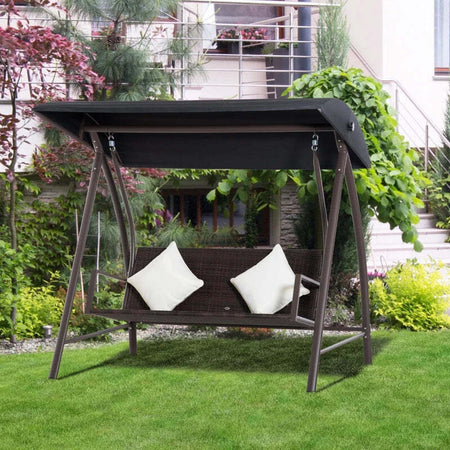 Dondolo-da-Giardino-3-Posti-in-Rattan-PE-e-Metallo-con-Cuscini-e-Tetto-Parasole,-198x124x179cm,-Marrone-867-106BN