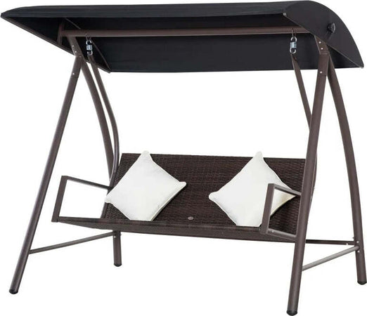 Dondolo-da-Giardino-3-Posti-in-Rattan-PE-e-Metallo-con-Cuscini-e-Tetto-Parasole,-198x124x179cm,-Marrone-867-106BN