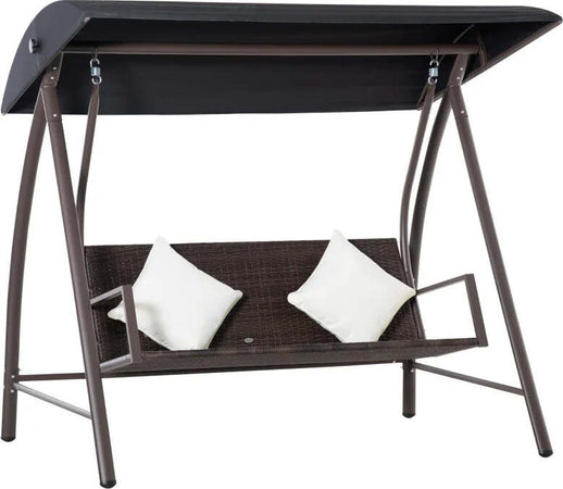 Dondolo-da-Giardino-3-Posti-in-Rattan-PE-e-Metallo-con-Cuscini-e-Tetto-Parasole,-198x124x179cm,-Marrone-867-106BN