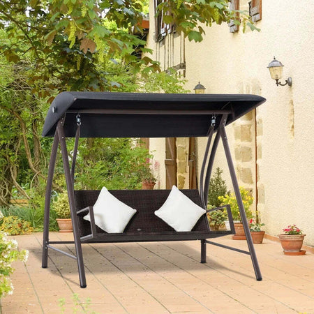 Dondolo-da-Giardino-3-Posti-in-Rattan-PE-e-Metallo-con-Cuscini-e-Tetto-Parasole,-198x124x179cm,-Marrone-867-106BN