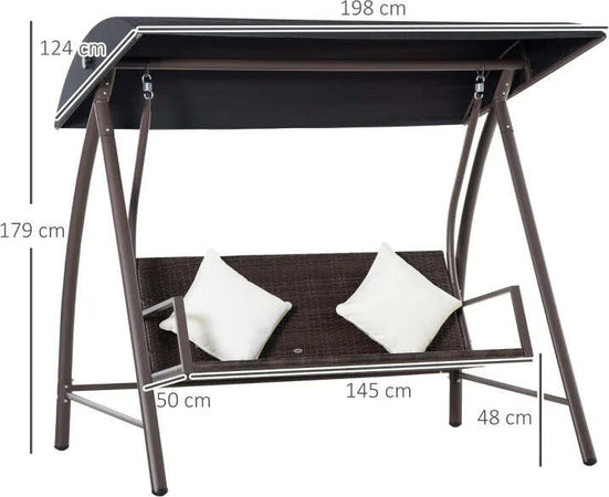 Dondolo-da-Giardino-3-Posti-in-Rattan-PE-e-Metallo-con-Cuscini-e-Tetto-Parasole,-198x124x179cm,-Marrone-867-106BN
