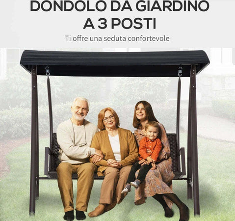 Dondolo-da-Giardino-3-Posti-in-Rattan-PE-e-Metallo-con-Cuscini-e-Tetto-Parasole,-198x124x179cm,-Marrone-867-106BN