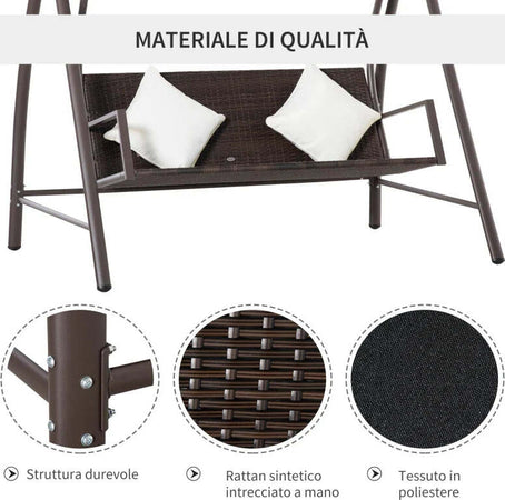 Dondolo-da-Giardino-3-Posti-in-Rattan-PE-e-Metallo-con-Cuscini-e-Tetto-Parasole,-198x124x179cm,-Marrone-867-106BN