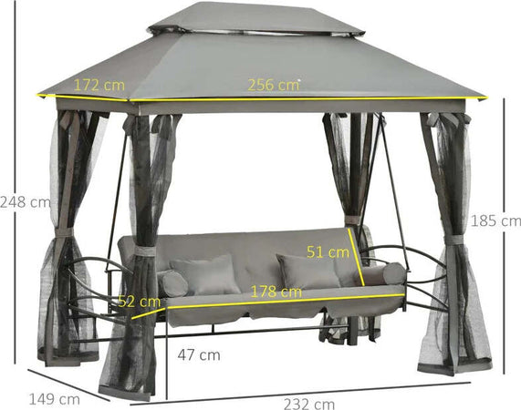 Dondolo-da-Giardino-3-Posti-Lettino-e-Gazebo-Design-3-in-1-con-Tettuccio,-256x172x248-cm,-Grigio-Scuro-84A-056CG