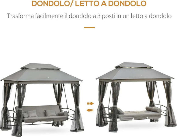 Dondolo-da-Giardino-3-Posti-Lettino-e-Gazebo-Design-3-in-1-con-Tettuccio,-256x172x248-cm,-Grigio-Scuro-84A-056CG