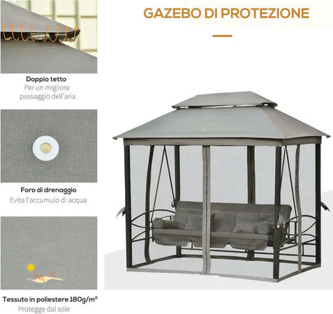 Dondolo-da-Giardino-3-Posti-Lettino-e-Gazebo-Design-3-in-1-con-Tettuccio,-256x172x248-cm,-Grigio-Scuro-84A-056CG