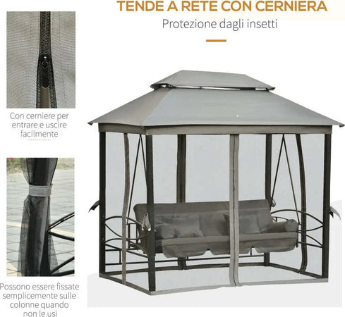 Dondolo-da-Giardino-3-Posti-Lettino-e-Gazebo-Design-3-in-1-con-Tettuccio,-256x172x248-cm,-Grigio-Scuro-84A-056CG