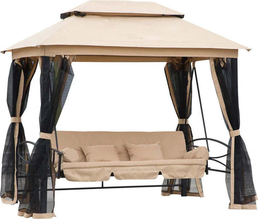 Dondolo-da-Giardino-3-Posti-Lettino-e-Gazebo-Design-3-in-1-con-Tettuccio,-256x172x248cm,-Beige-84A-056
