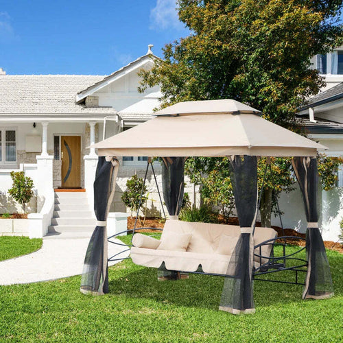 Dondolo-da-Giardino-3-Posti-Lettino-e-Gazebo-Design-3-in-1-con-Tettuccio,-256x172x248cm,-Beige-84A-056