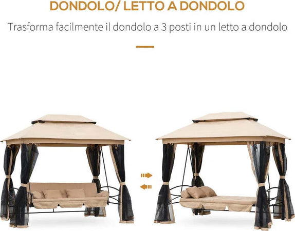Dondolo-da-Giardino-3-Posti-Lettino-e-Gazebo-Design-3-in-1-con-Tettuccio,-256x172x248cm,-Beige-84A-056