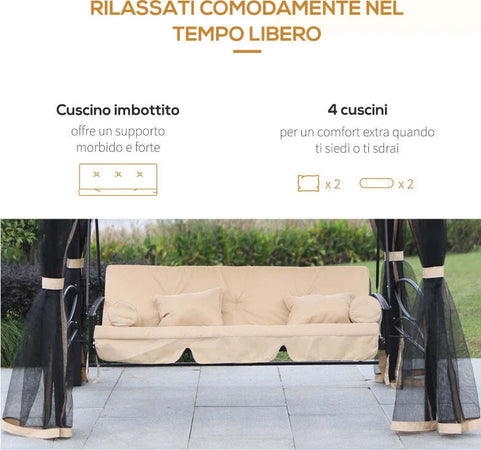Dondolo-da-Giardino-3-Posti-Lettino-e-Gazebo-Design-3-in-1-con-Tettuccio,-256x172x248cm,-Beige-84A-056