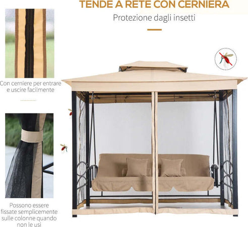 Dondolo-da-Giardino-3-Posti-Lettino-e-Gazebo-Design-3-in-1-con-Tettuccio,-256x172x248cm,-Beige-84A-056