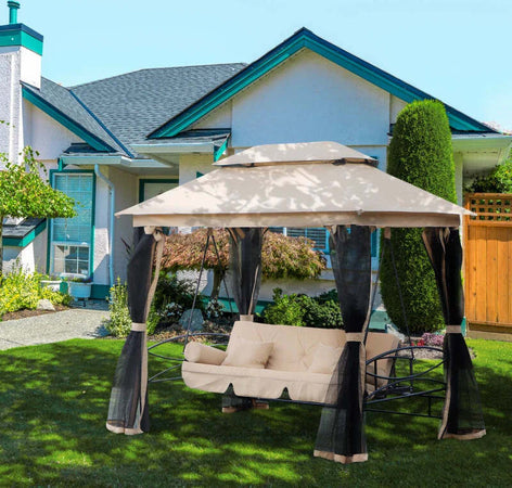 Dondolo-da-Giardino-3-Posti-Lettino-e-Gazebo-Design-3-in-1-con-Tettuccio,-256x172x248cm,-Beige-84A-056