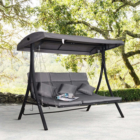 Dondolo-da-Giardino-a-3-Posti,-Dondolo-da-Esterno-con-Chaise-Longue-e-Tetto-Regolabile,-Nero-e-Grigio,-200-x-115-x-168-cm-84A-139