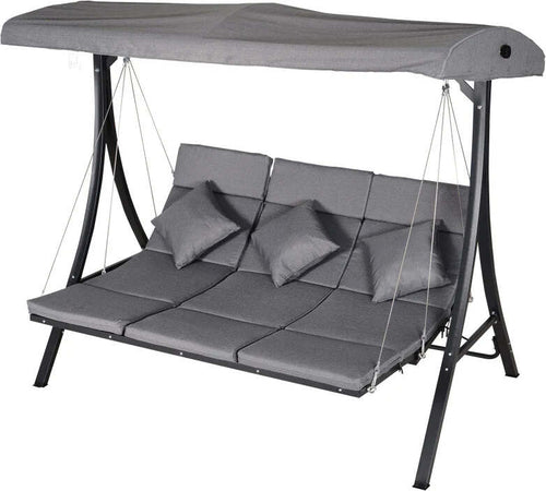 Dondolo-da-Giardino-a-3-Posti,-Dondolo-da-Esterno-con-Chaise-Longue-e-Tetto-Regolabile,-Nero-e-Grigio,-200-x-115-x-168-cm-84A-139