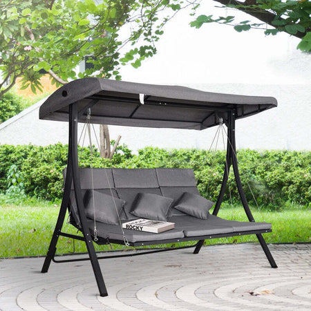 Dondolo-da-Giardino-a-3-Posti,-Dondolo-da-Esterno-con-Chaise-Longue-e-Tetto-Regolabile,-Nero-e-Grigio,-200-x-115-x-168-cm-84A-139