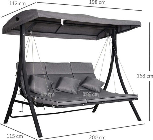 Dondolo-da-Giardino-a-3-Posti,-Dondolo-da-Esterno-con-Chaise-Longue-e-Tetto-Regolabile,-Nero-e-Grigio,-200-x-115-x-168-cm-84A-139