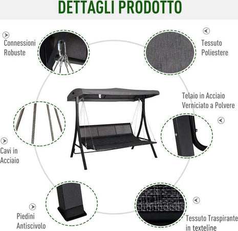 Dondolo-da-Giardino-a-3-Posti,-Dondolo-da-Esterno-con-Chaise-Longue-e-Tetto-Regolabile,-Nero-e-Grigio,-200-x-115-x-168-cm-84A-139