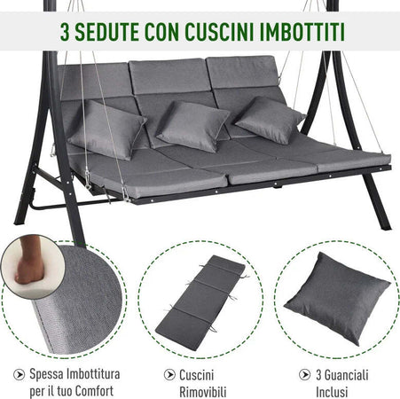 Dondolo-da-Giardino-a-3-Posti,-Dondolo-da-Esterno-con-Chaise-Longue-e-Tetto-Regolabile,-Nero-e-Grigio,-200-x-115-x-168-cm-84A-139