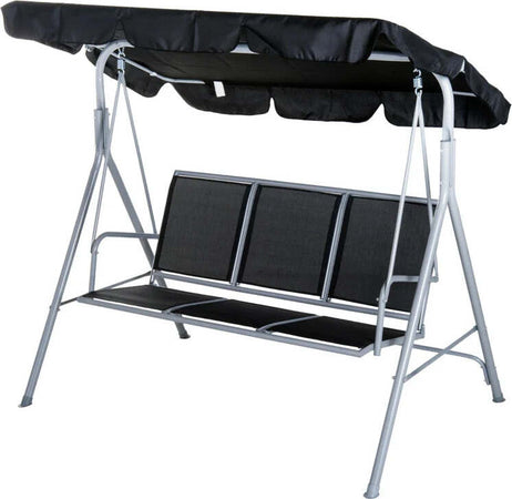 Dondolo-da-Giardino-a-3-Posti-in-Metallo,-Tetto-Parasole-Rimovibile-e-Lavabile,-Nero-e-Argento,-171x108x154cm-84A-059BK