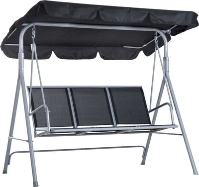 Dondolo-da-Giardino-a-3-Posti-in-Metallo,-Tetto-Parasole-Rimovibile-e-Lavabile,-Nero-e-Argento,-171x108x154cm-84A-059BK