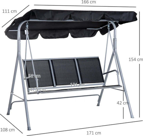 Dondolo-da-Giardino-a-3-Posti-in-Metallo,-Tetto-Parasole-Rimovibile-e-Lavabile,-Nero-e-Argento,-171x108x154cm-84A-059BK