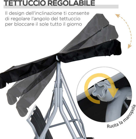 Dondolo-da-Giardino-a-3-Posti-in-Metallo,-Tetto-Parasole-Rimovibile-e-Lavabile,-Nero-e-Argento,-171x108x154cm-84A-059BK