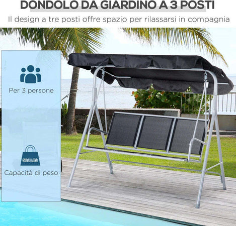 Dondolo-da-Giardino-a-3-Posti-in-Metallo,-Tetto-Parasole-Rimovibile-e-Lavabile,-Nero-e-Argento,-171x108x154cm-84A-059BK