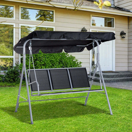 Dondolo-da-Giardino-a-3-Posti-in-Metallo,-Tetto-Parasole-Rimovibile-e-Lavabile,-Nero-e-Argento,-171x108x154cm-84A-059BK